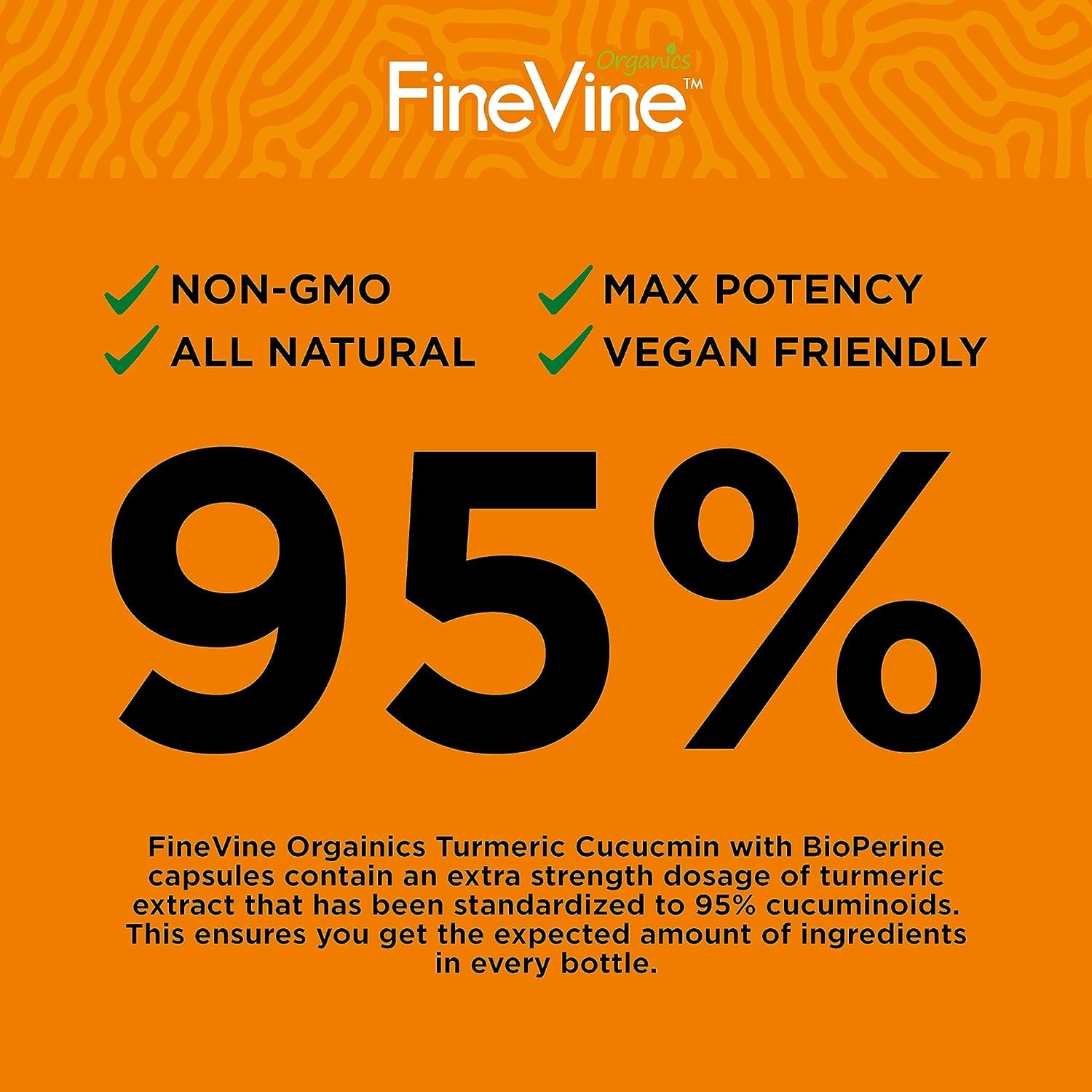 FineVine Organics etiqueta con ingredientes BioPerine y jengibre destacados