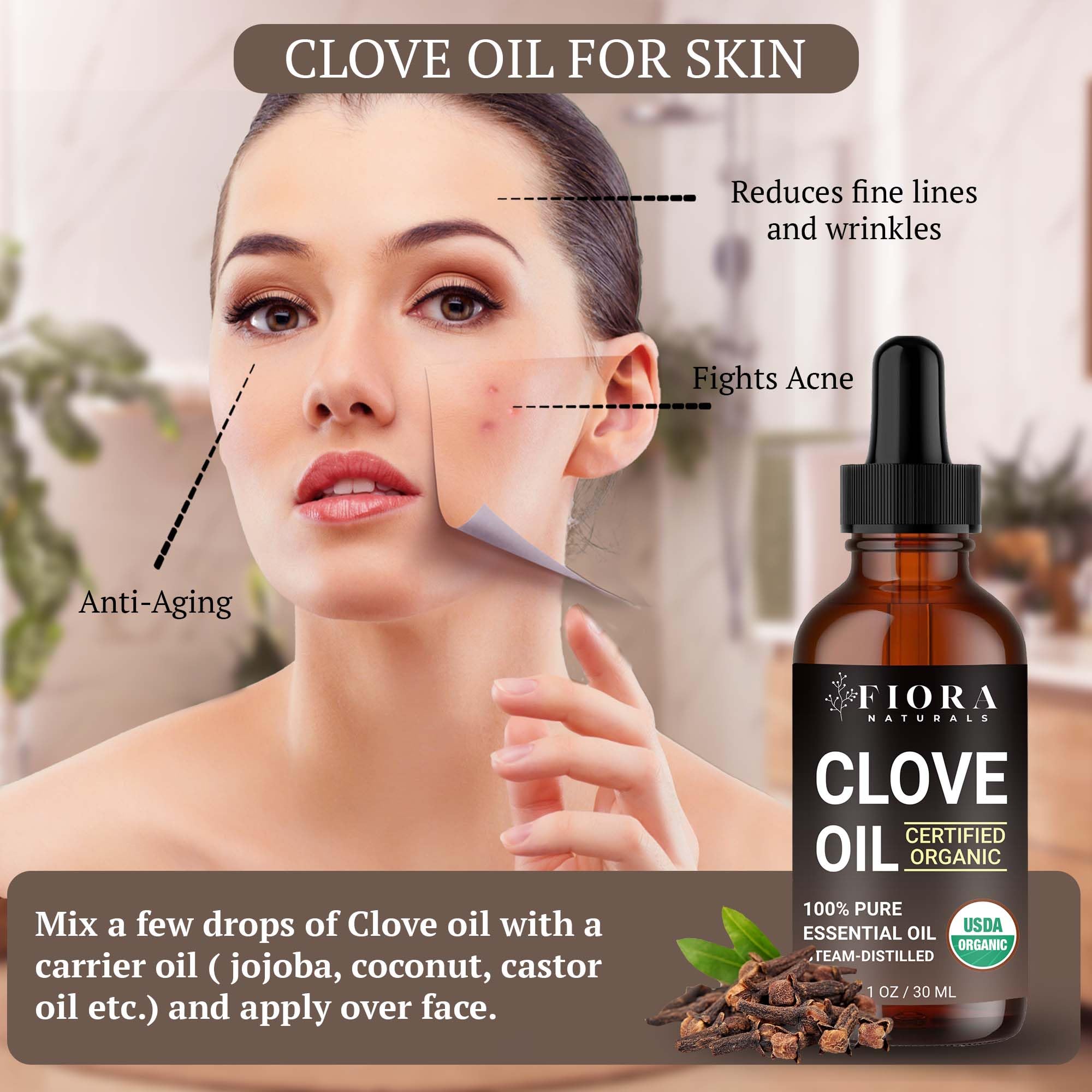 Fiora Naturals aplicación de aceite de clavo en cuero cabelludo, permite mezclas capilares