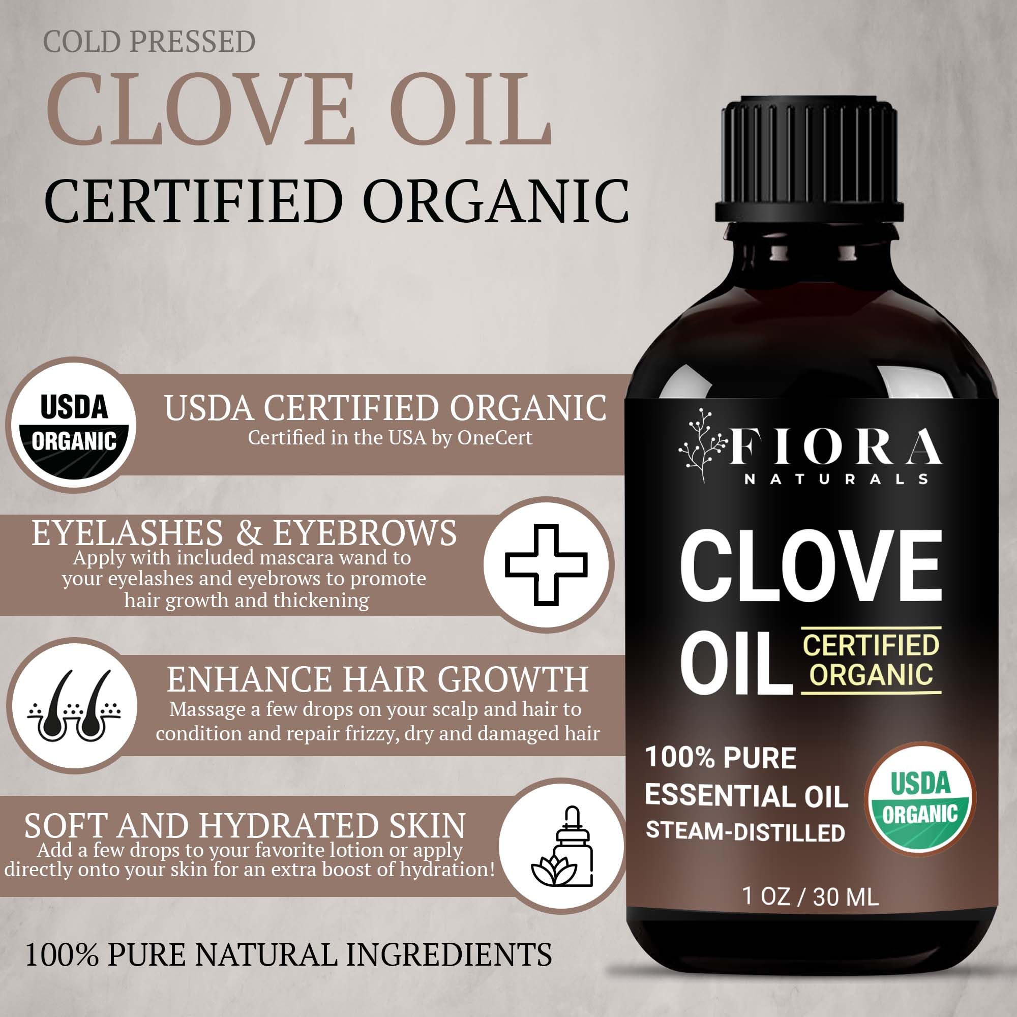 Fiora Naturals gota de aceite de clavo sobre dedo, detalle de textura y concentración