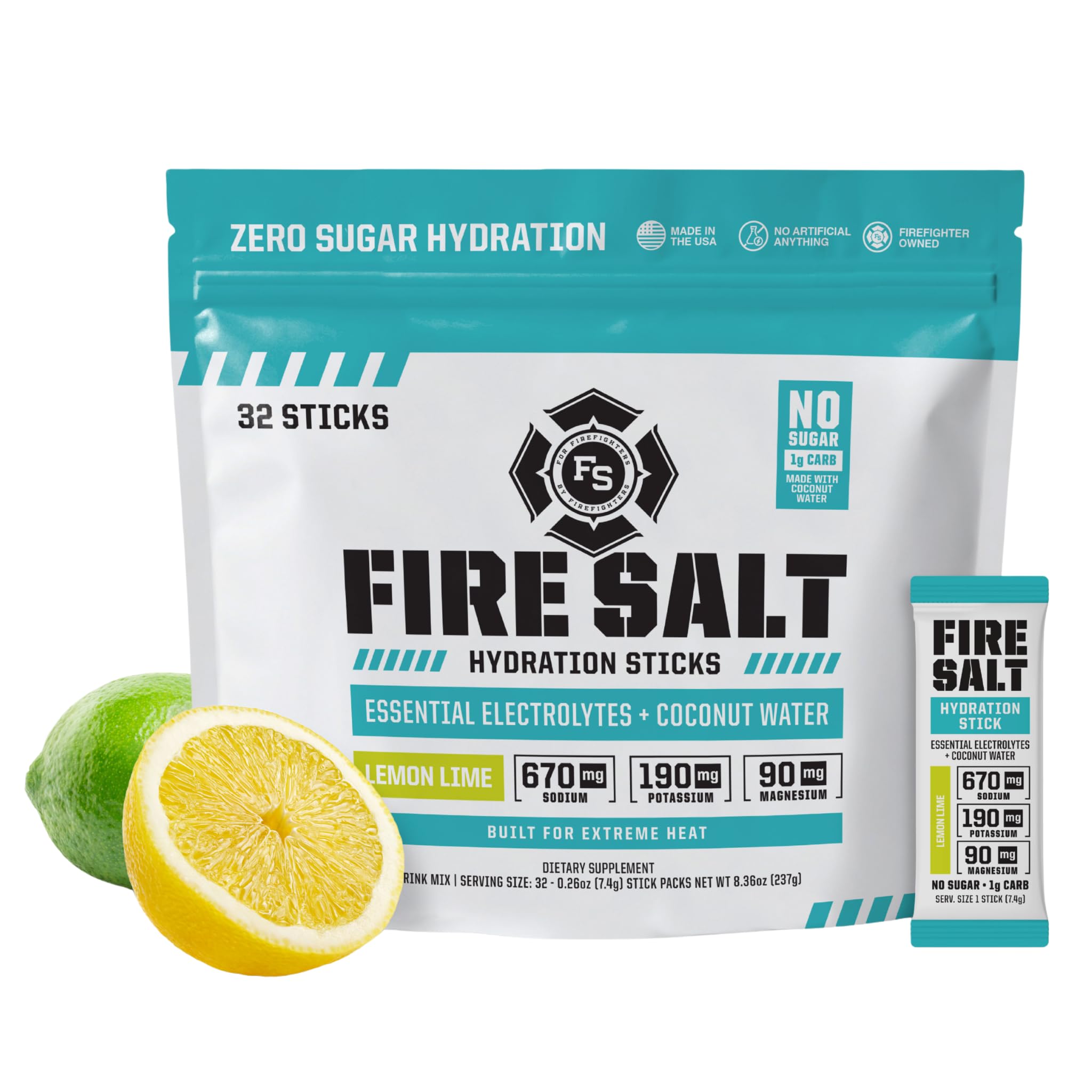 Fire Science Nutrition empaque frontal lemon lime mostrando 32 sobres y beneficios