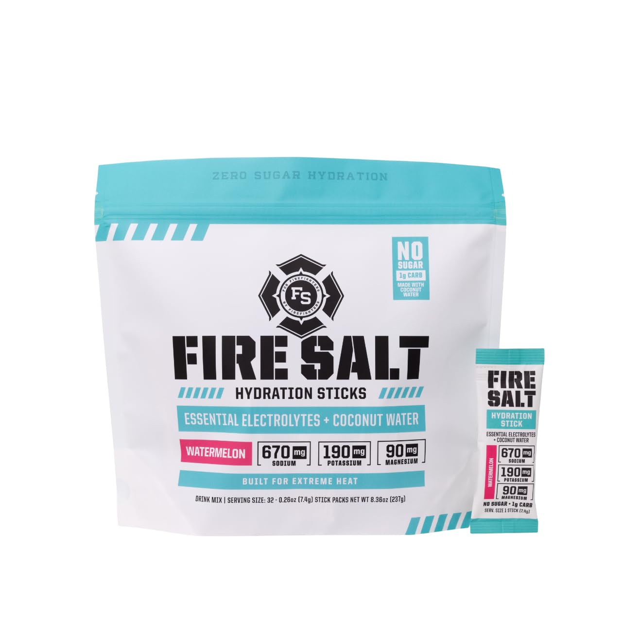 Fire Science Nutrition envase frontal mostrando 32 sobres y beneficios de electrolitos