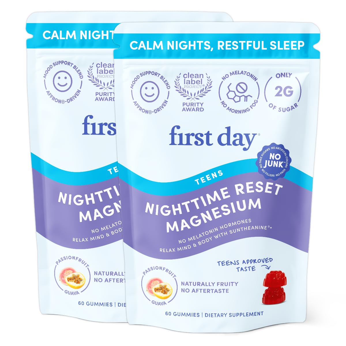 First Day envase frontal de gomitas, presenta beneficios nocturnos claros