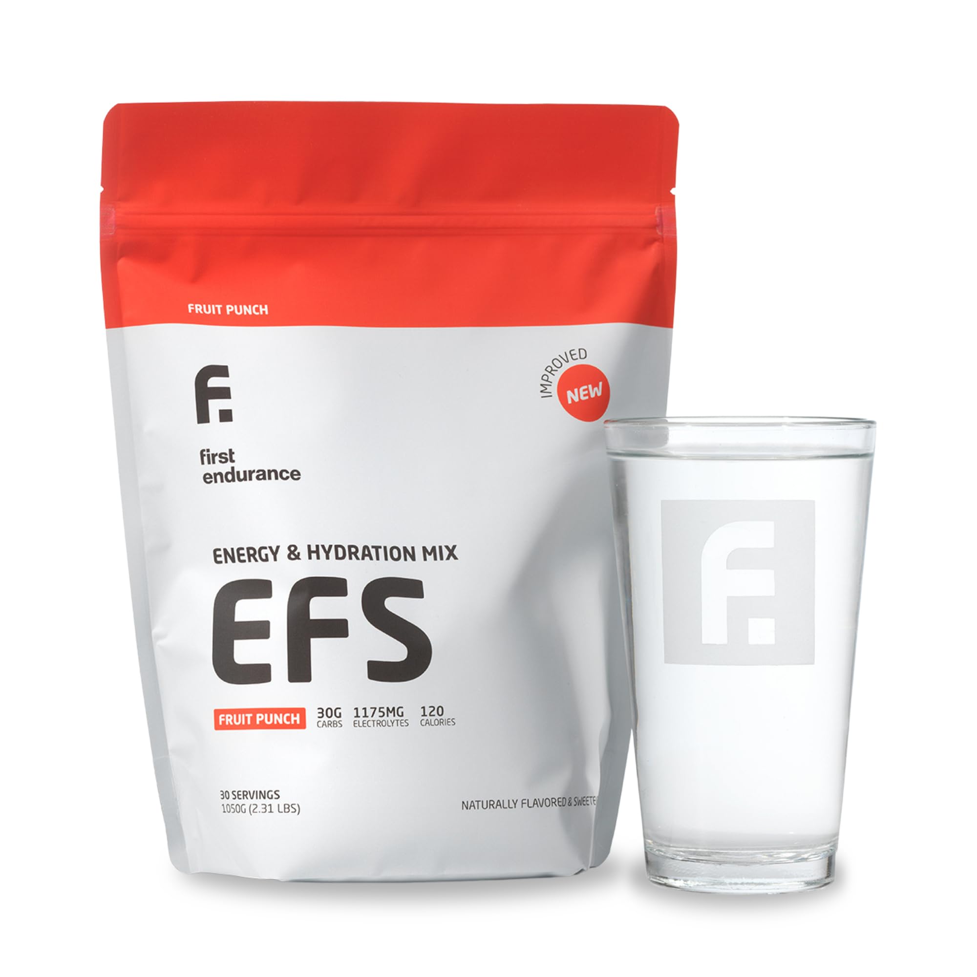 FIRST ENDURANCE paquete frontal EFS Fruit Punch mostrando porciones y diseño