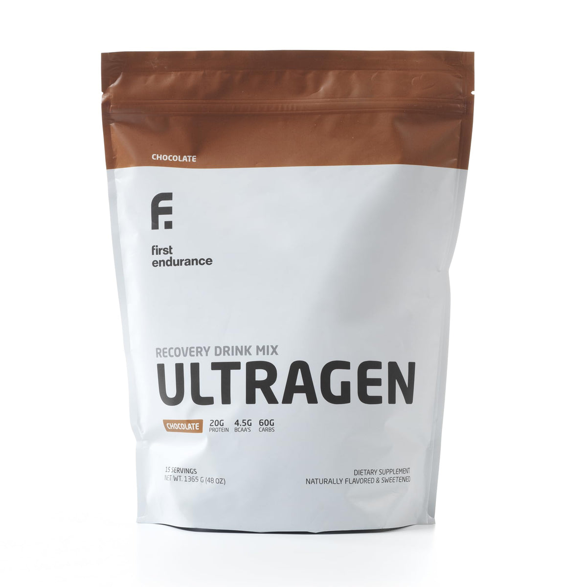FIRST ENDURANCE envase Ultragen chocolate vista frontal y beneficios claros