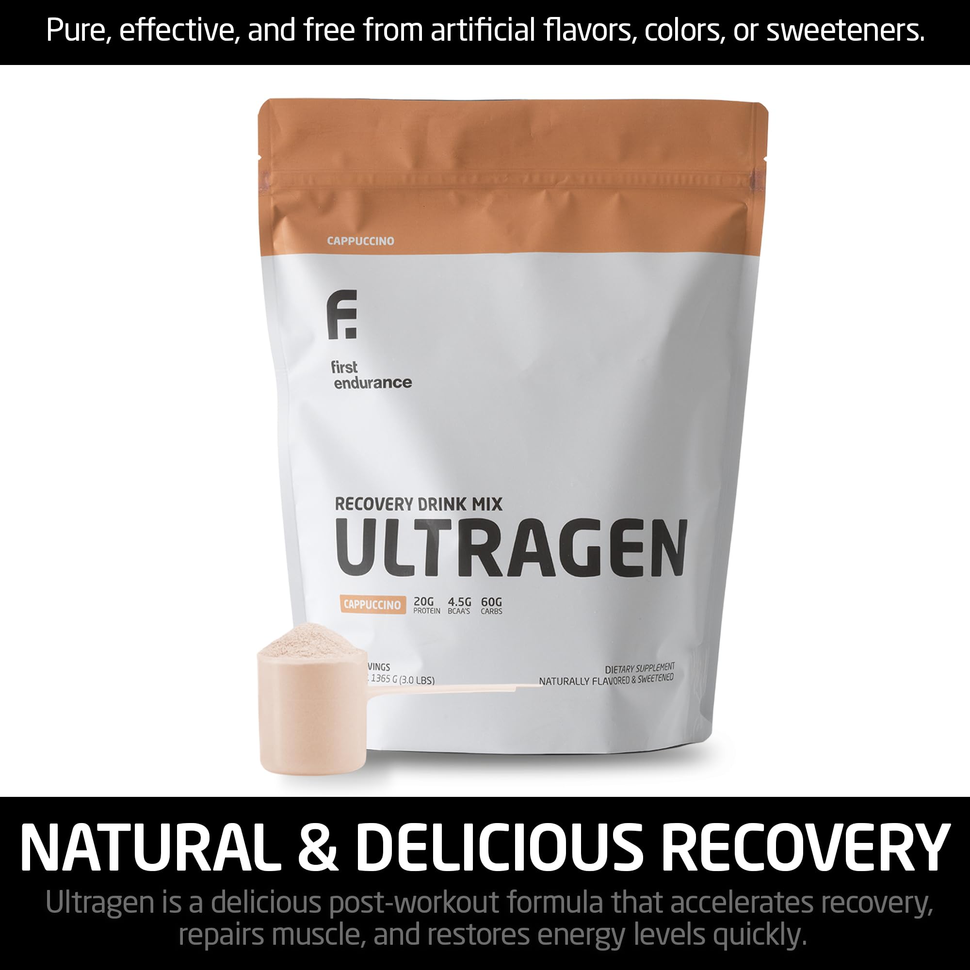 FIRST ENDURANCE envase Ultragen en mano para comparar tamaño práctico