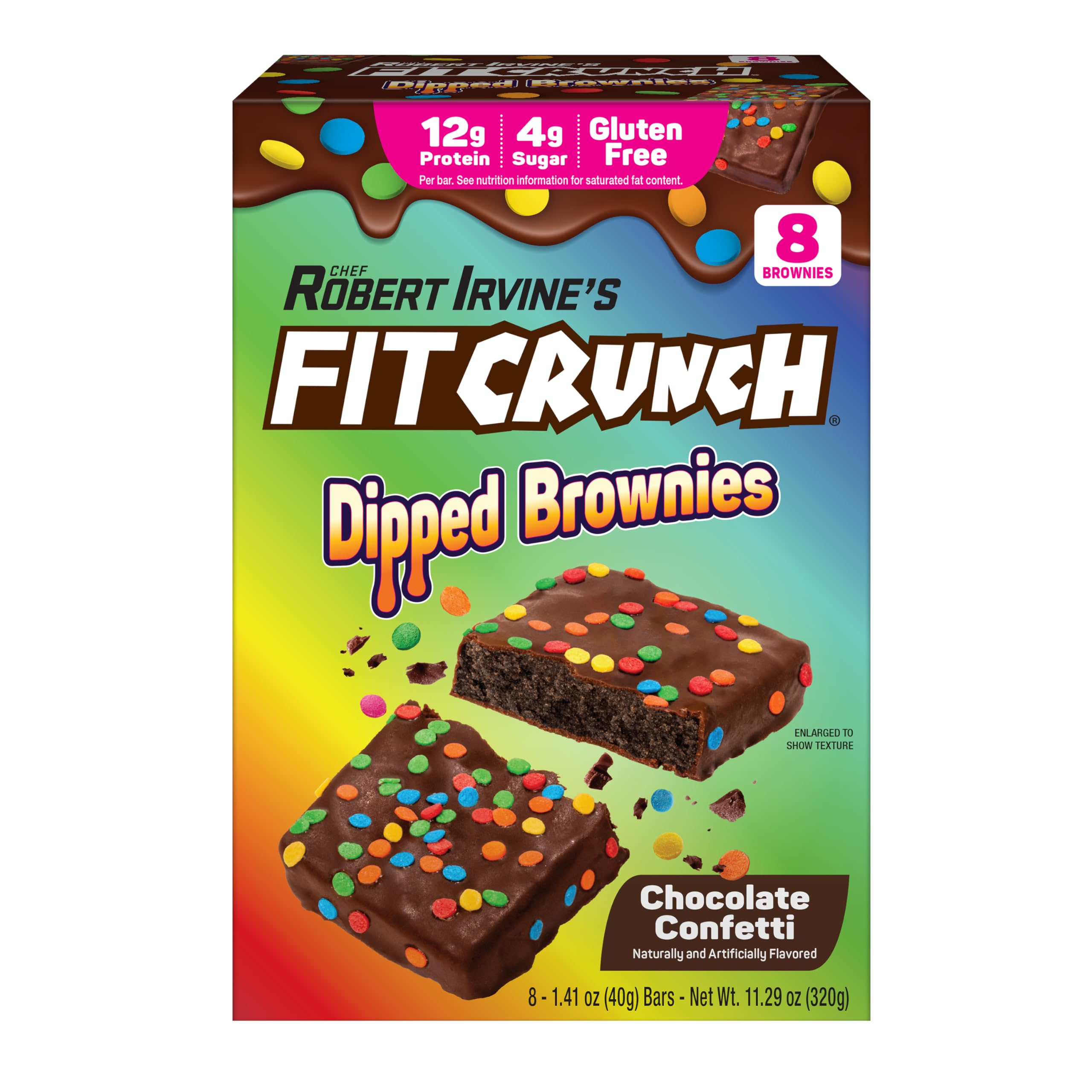 FitCrunch empaque frontal mostrando 8 brownies y beneficios nutricionales
