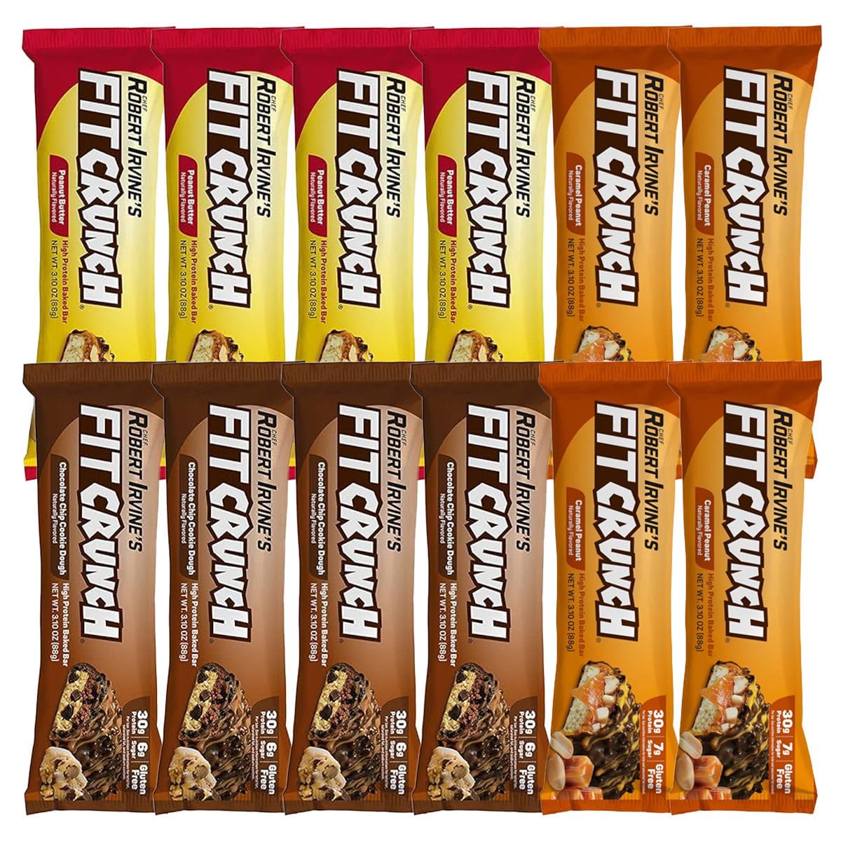 Fit Crunch frontal del pack variedad mostrando 12 barras y beneficio conveniencia