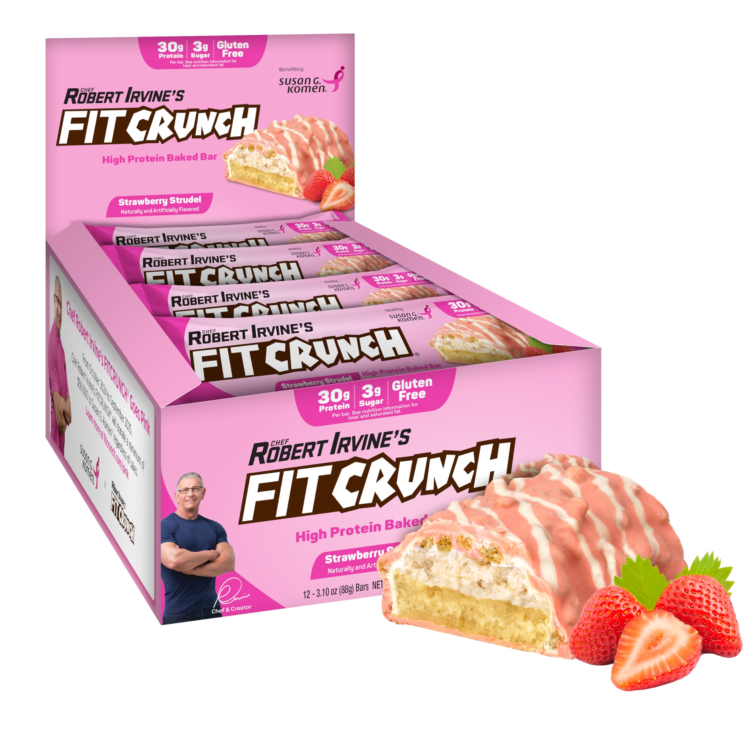 FitCrunch paquete frontal Strawberry Strudel mostrando diseño y tamaño práctico