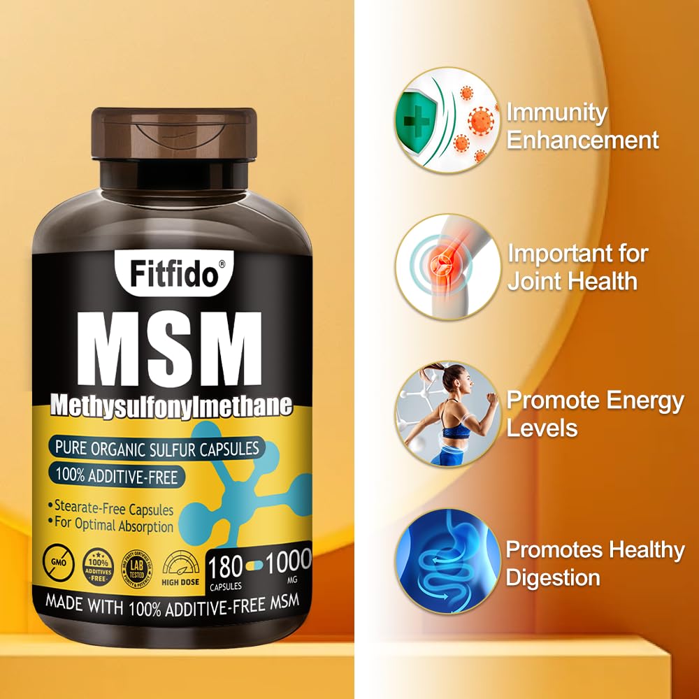 Fitfido polvo de MSM cerca de cápsulas mostrando textura pura
