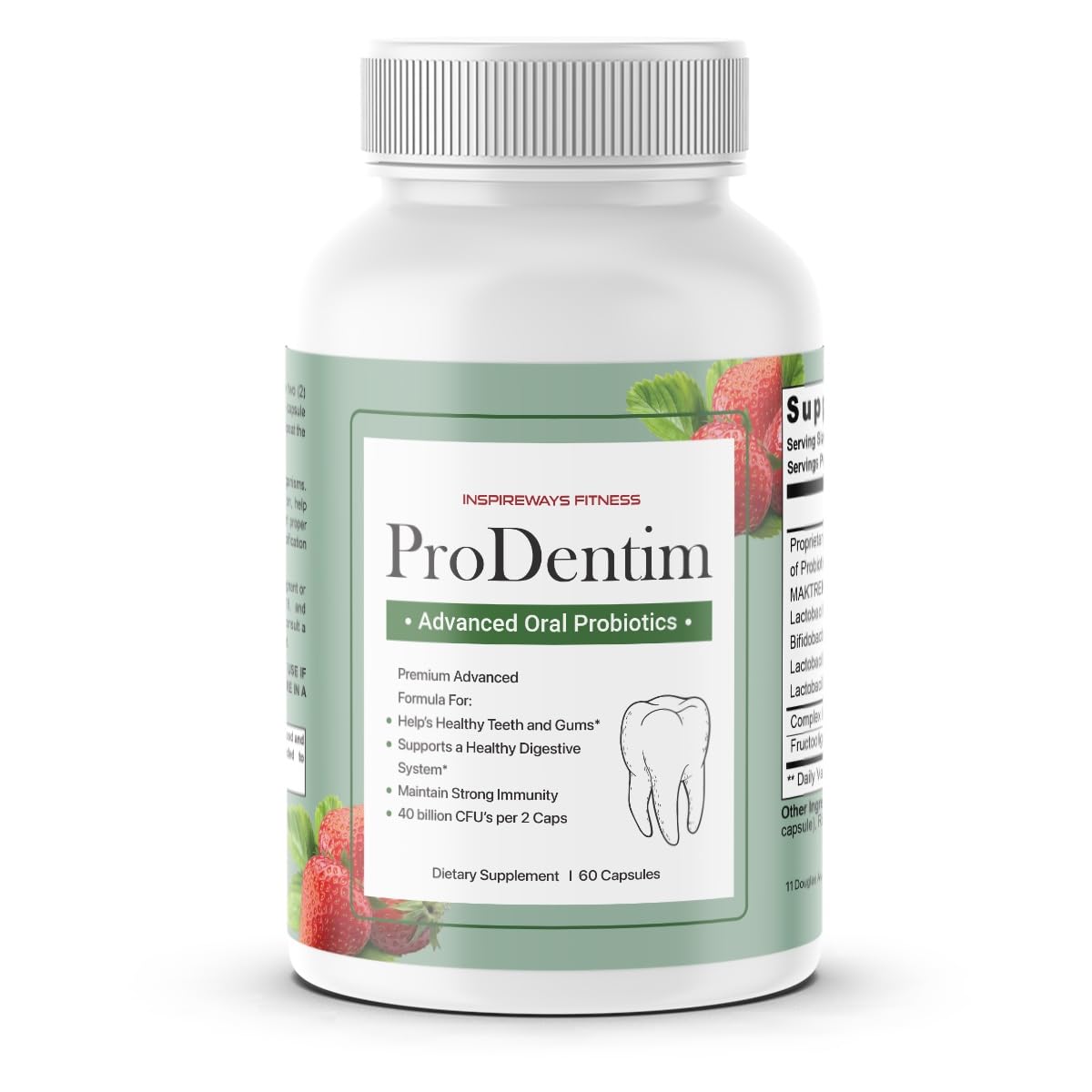 Fitness InspireWays frasco ProDentim frente mostrando etiqueta y beneficio oral