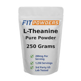 FitPowders envase frontal L‑teanina 250 g mostrando diseño limpio y sello GMP