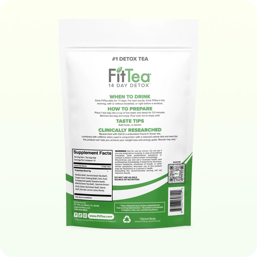 FitTea junto a una mano para comparar tamaño del paquete, referencia clara