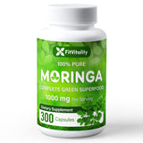 FitVitality frasco de Moringa Cápsulas 300 vista frontal y beneficios prácticos