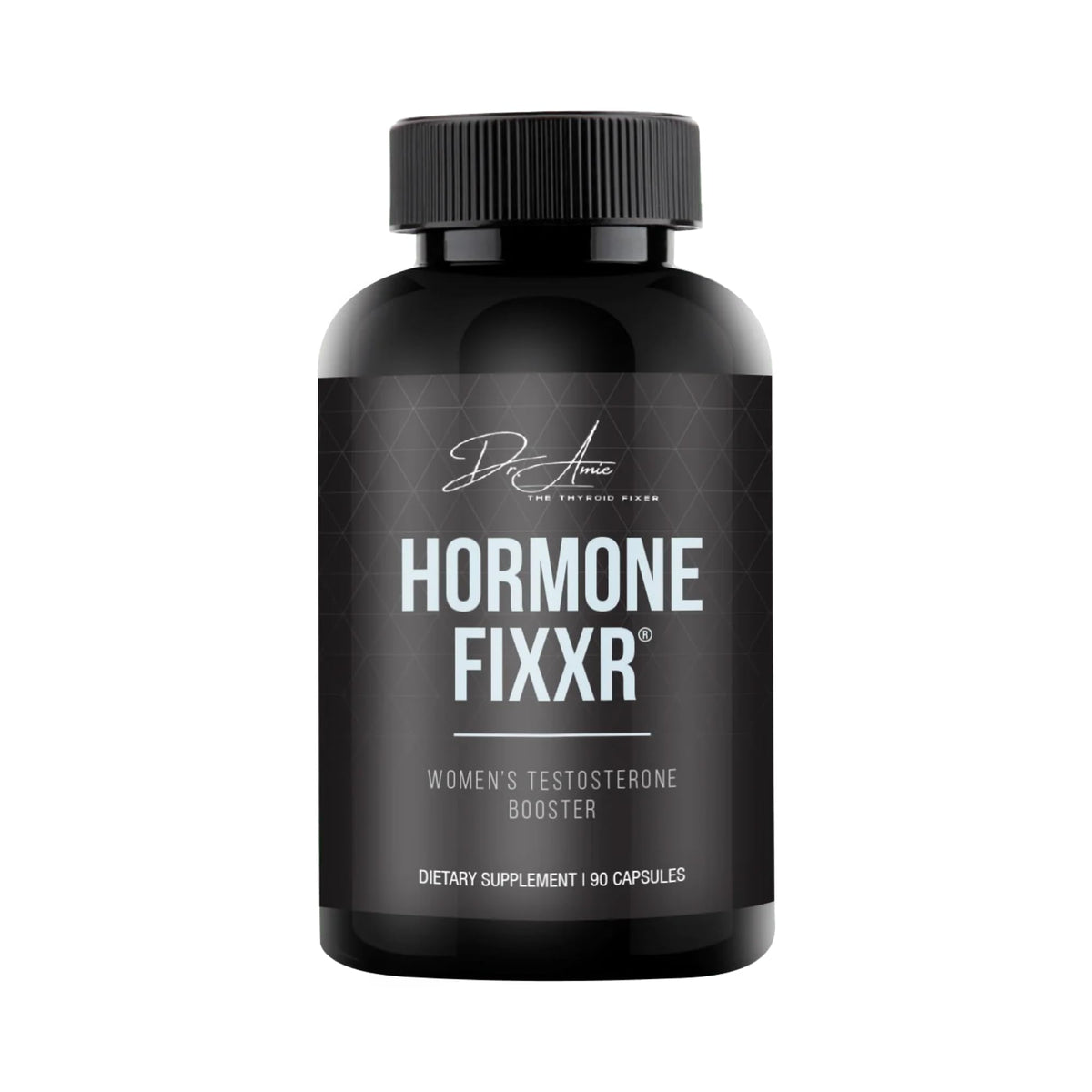 Fixxr frasco frontal mostrando 90 cápsulas y beneficios de apoyo hormonal