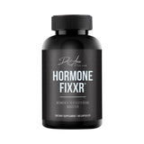 Fixxr frasco frontal mostrando 90 cápsulas y beneficios de apoyo hormonal