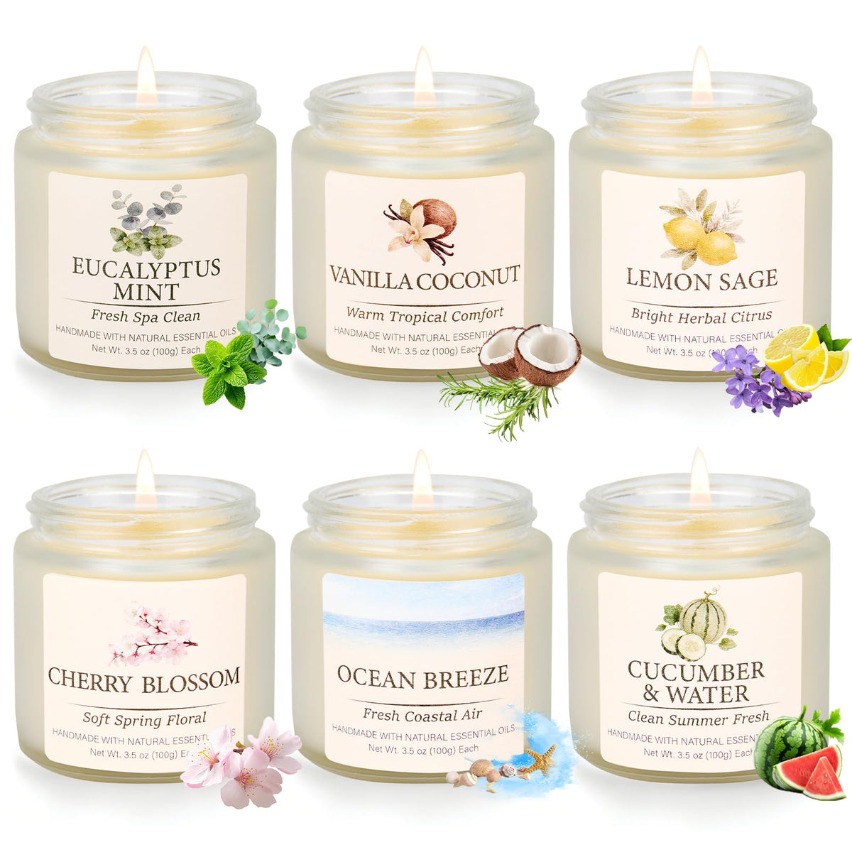 FKJOL set 6 velas frontal mostrando caja elegante y tarros esmerilados