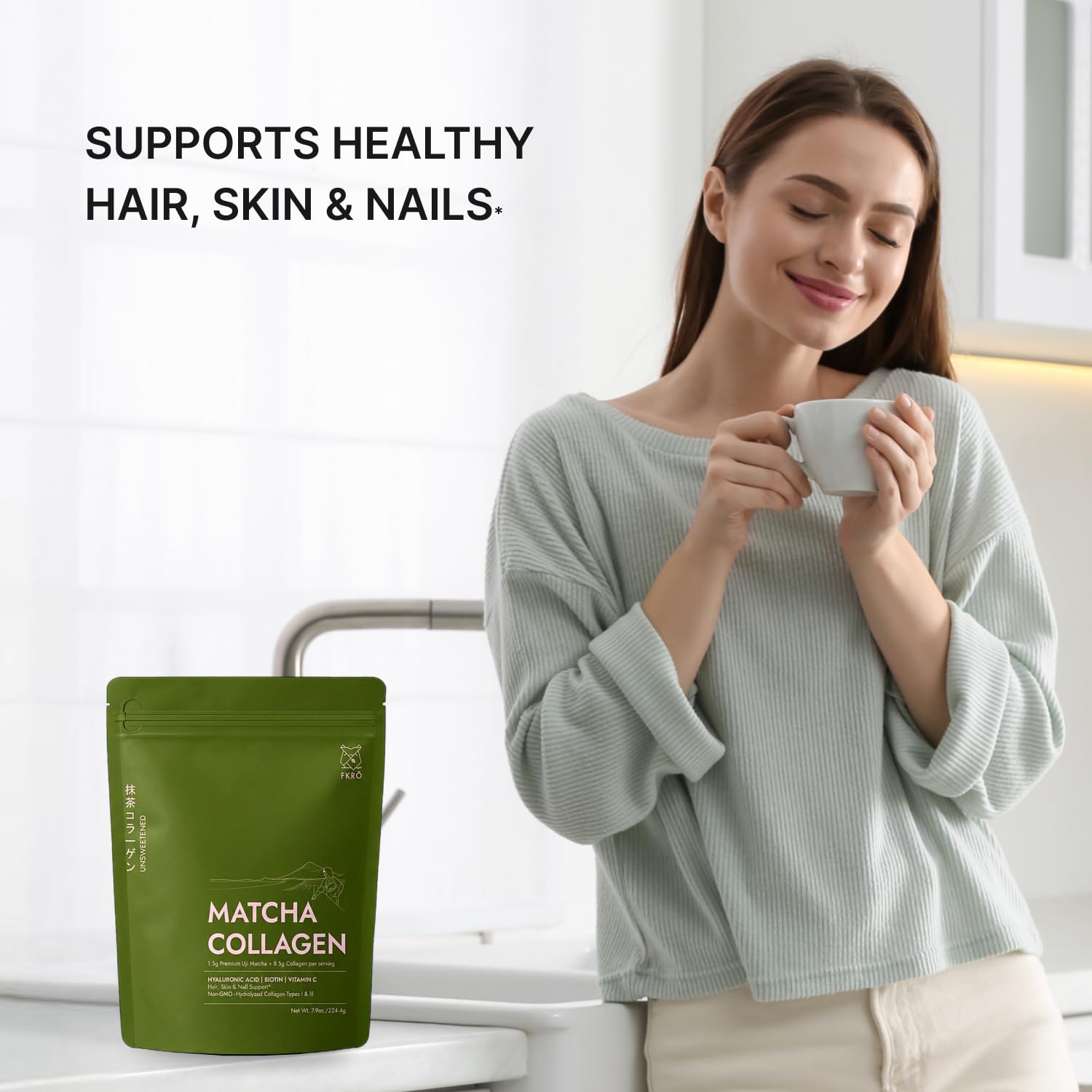 FKRO polvo matcha-collagen textura fina para mezcla rápida