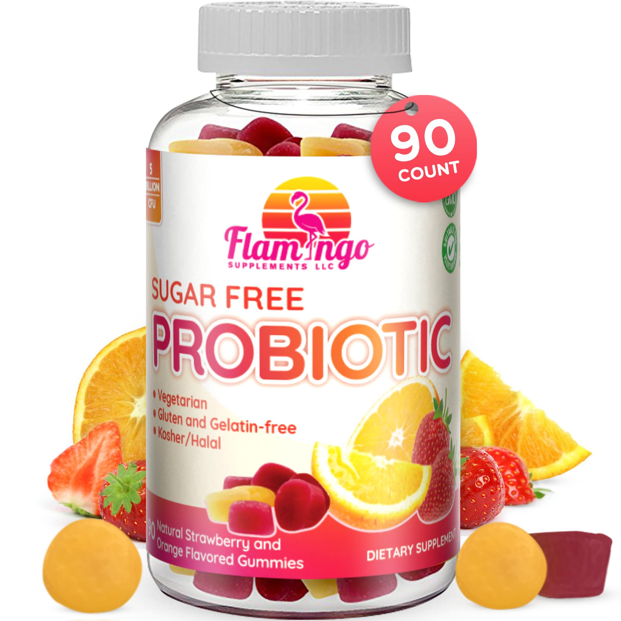 Flamingo Supplements frasco frontal mostrando etiqueta y beneficios visibles