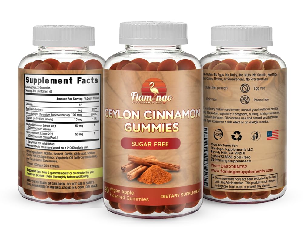 Flamingo Supplements etiqueta con ingredientes resaltando canela Ceylán y cromo