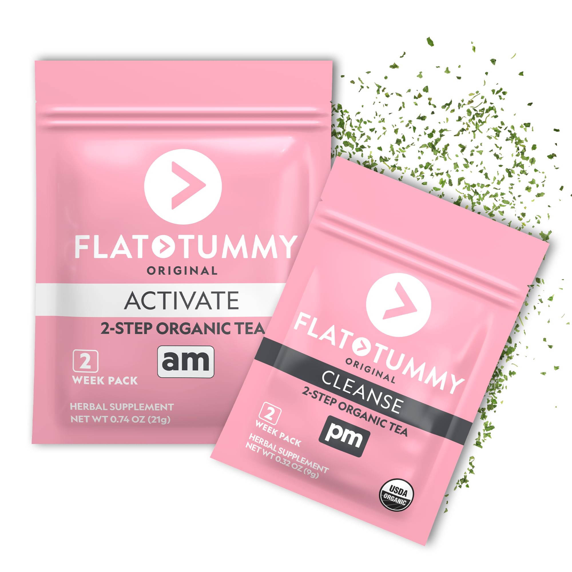 Flat Tummy frente del empaque mostrando el kit de 2 semanas y beneficios visuales
