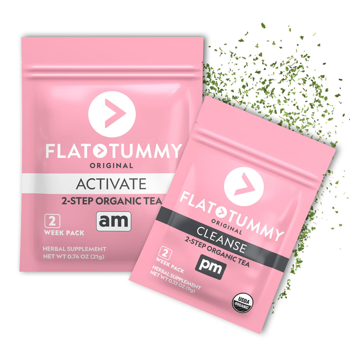 Flat Tummy frente del empaque mostrando el kit de 2 semanas y beneficios visuales