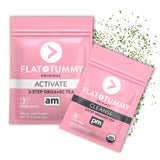 Flat Tummy frente del empaque mostrando el kit de 2 semanas y beneficios visuales