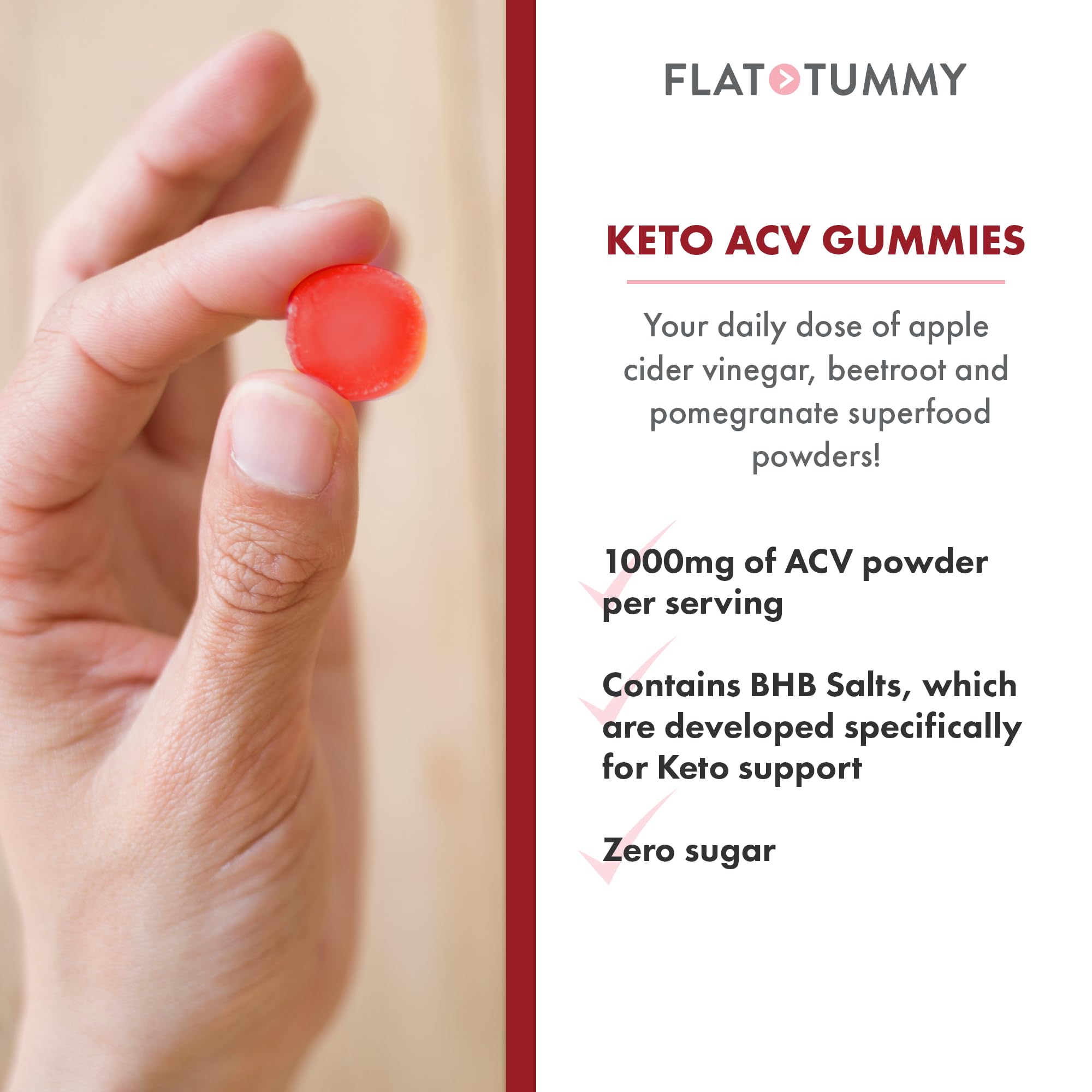 Flat Tummy primer plano de gominola destacando textura apetecible y vegana