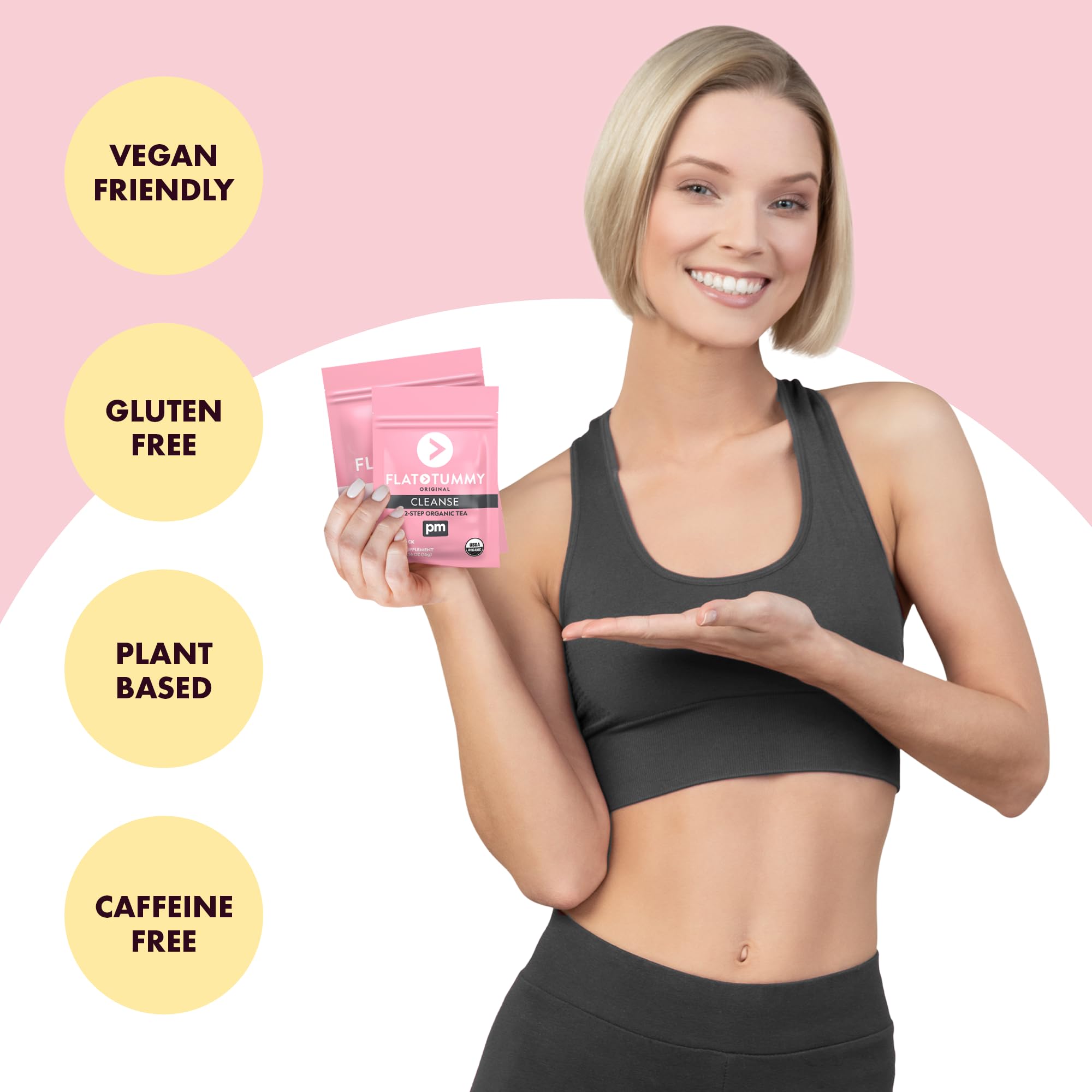 Flat Tummy taza en mano consumiendo el té para energía matutina