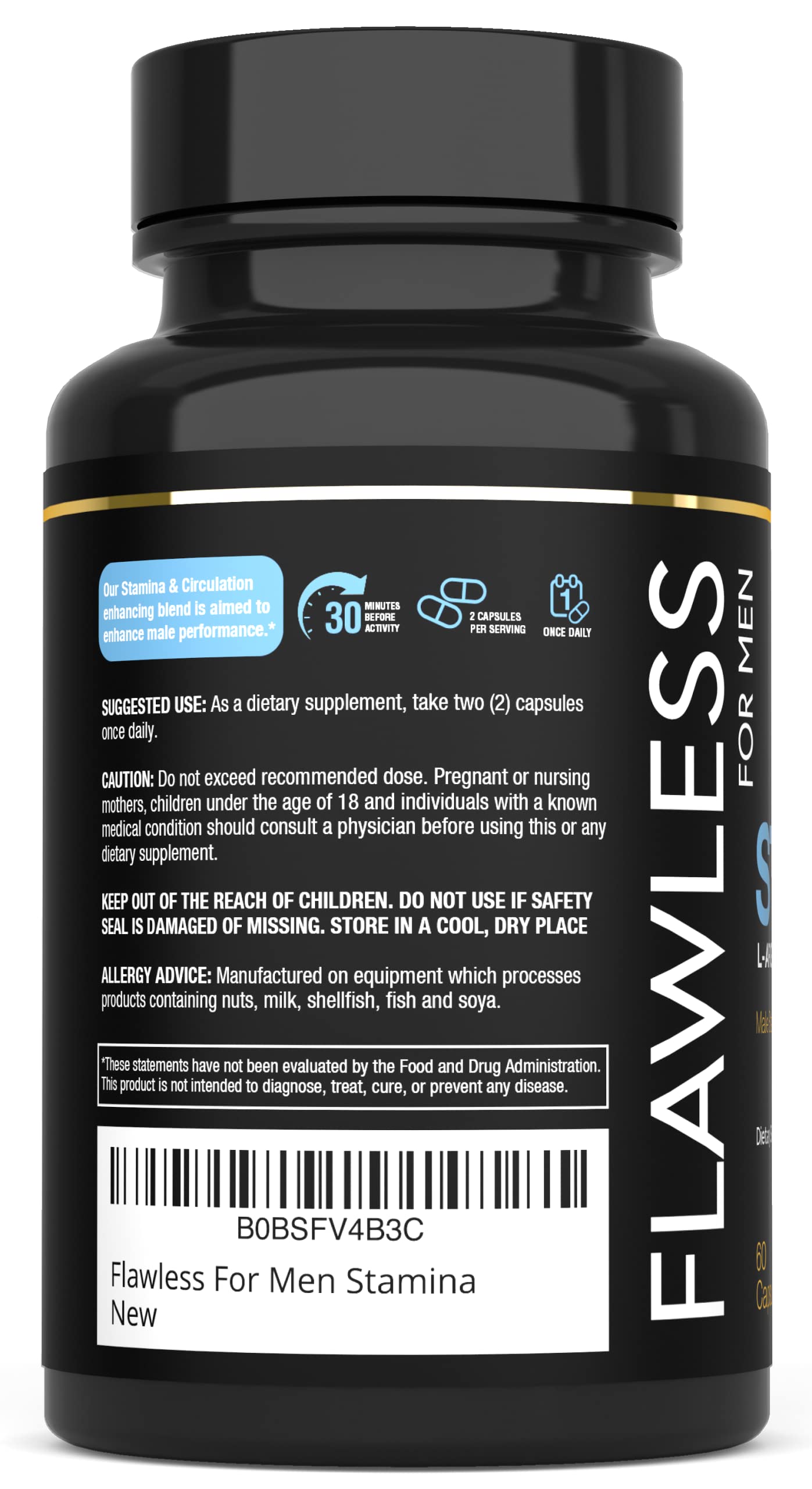 FLAWLESS FOR MEN etiqueta de ingredientes resaltando L-Arginina y L-Citrulina