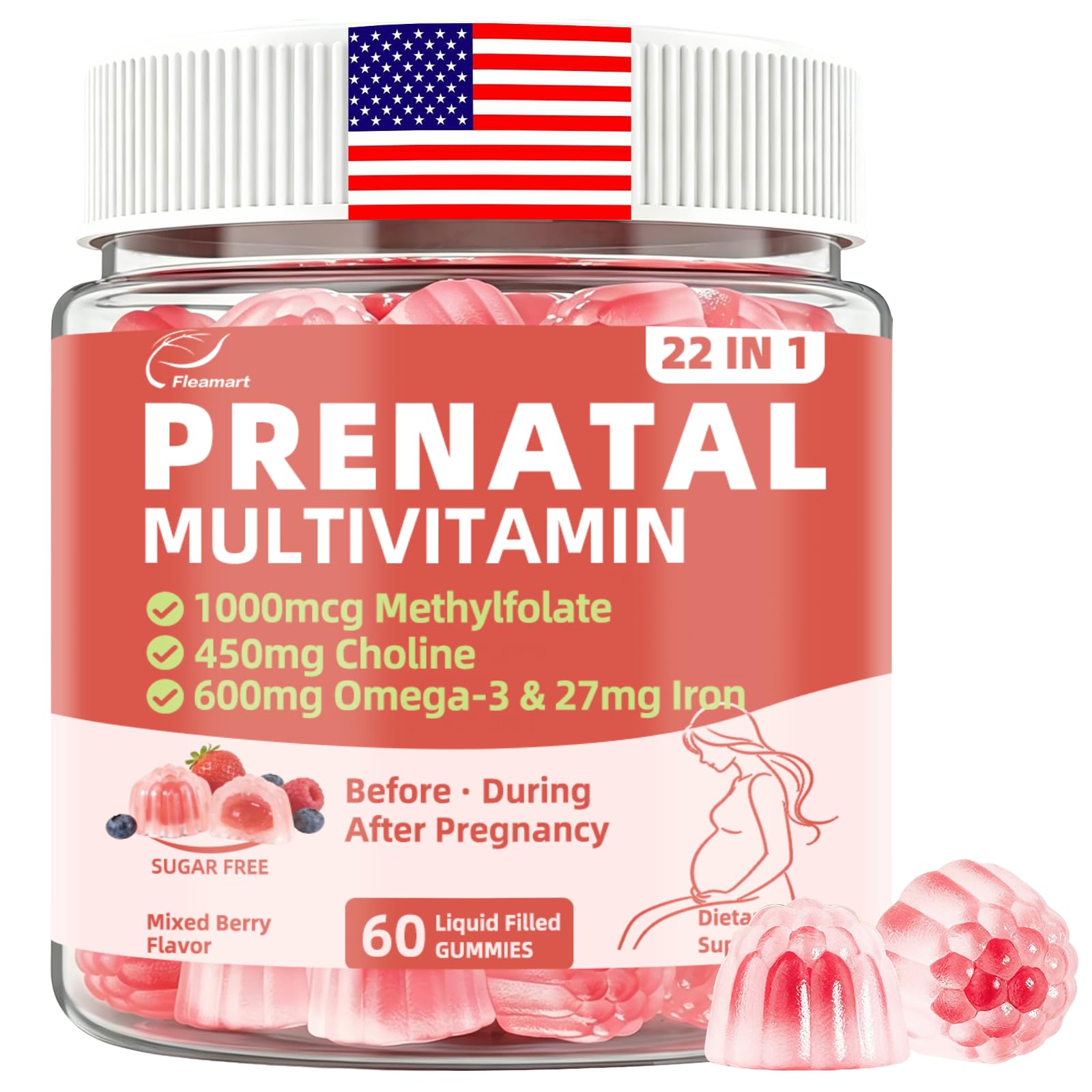Fleamart frasco frontal de gomitas prenatales con información clara y beneficio de conveniencia