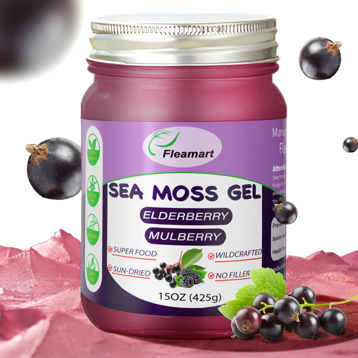 Fleamart envase frontal Sea Moss Gel mostrando etiquetado claro y natural