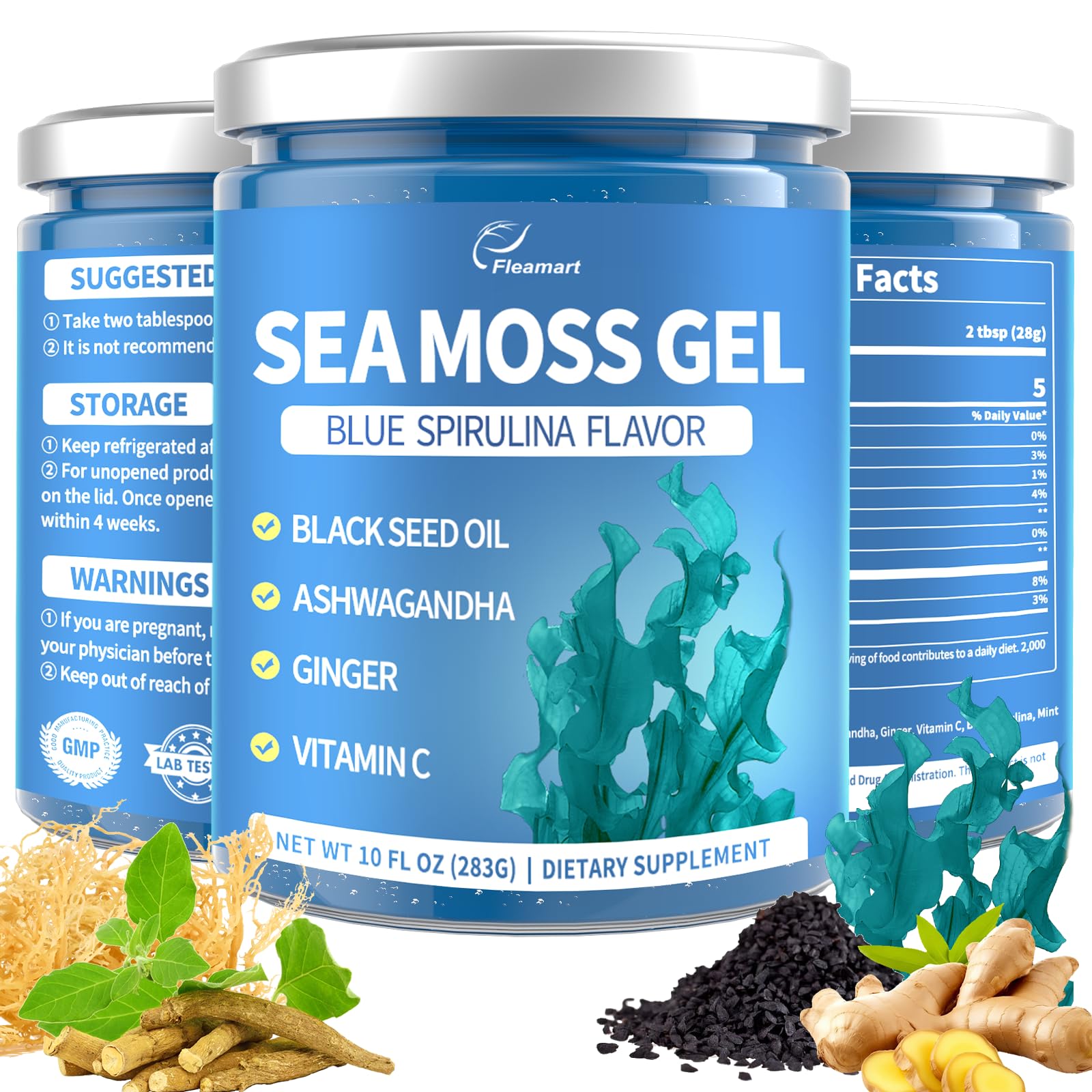 Fleamart gel sea moss frente mostrando envase y beneficios nutricionales