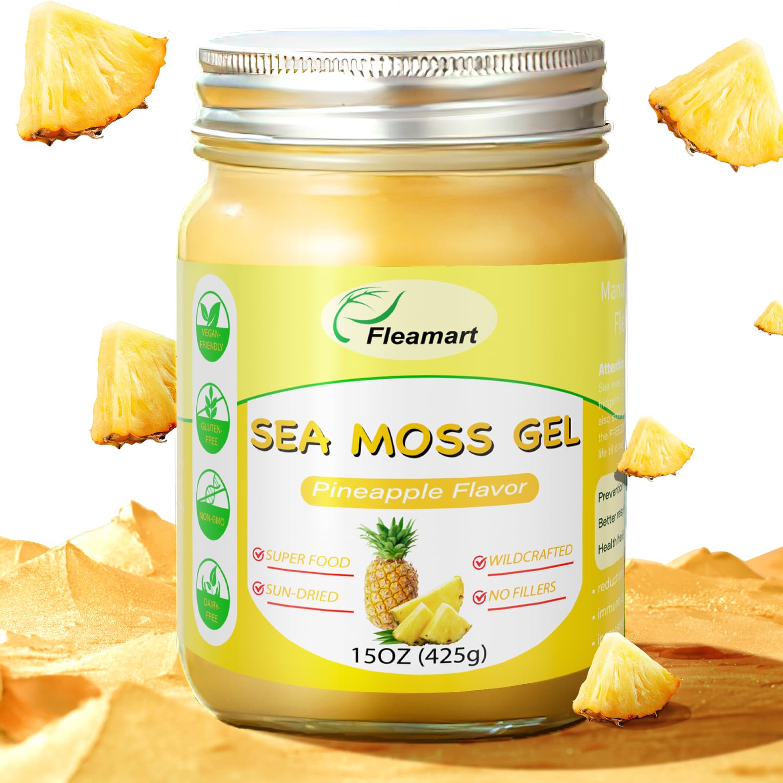 Fleamart gel de sea moss frontal, envase visible y presentación natural