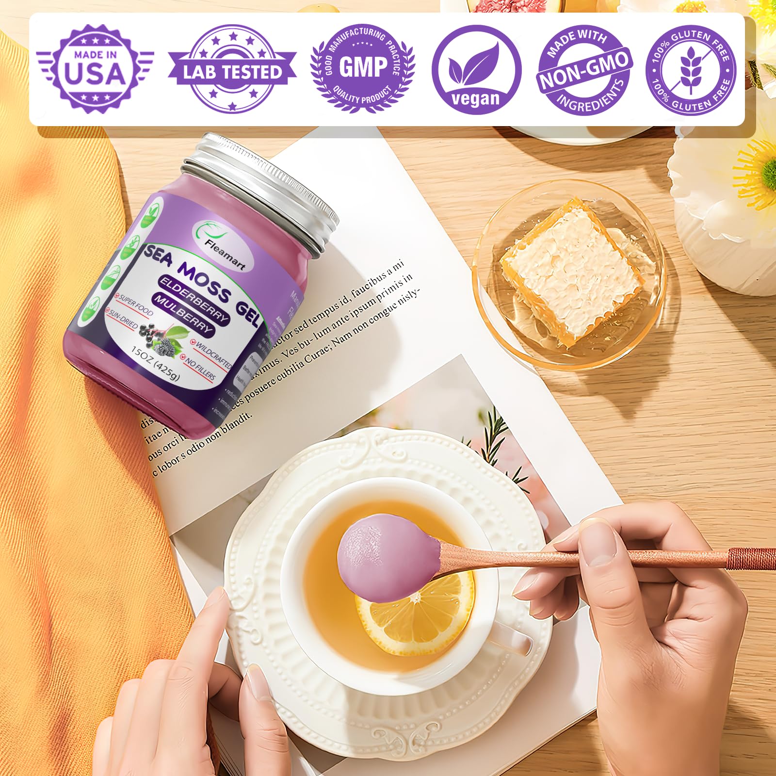 Fleamart textura del gel elderberry enfatizando consistencia y mezcla fácil