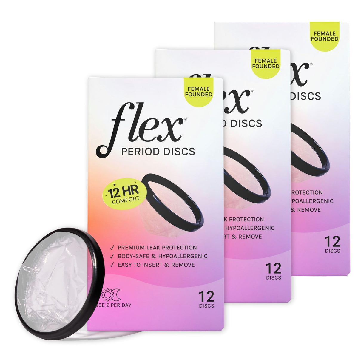 Flex empaque frontal mostrando caja de 3 paquetes y conteo
