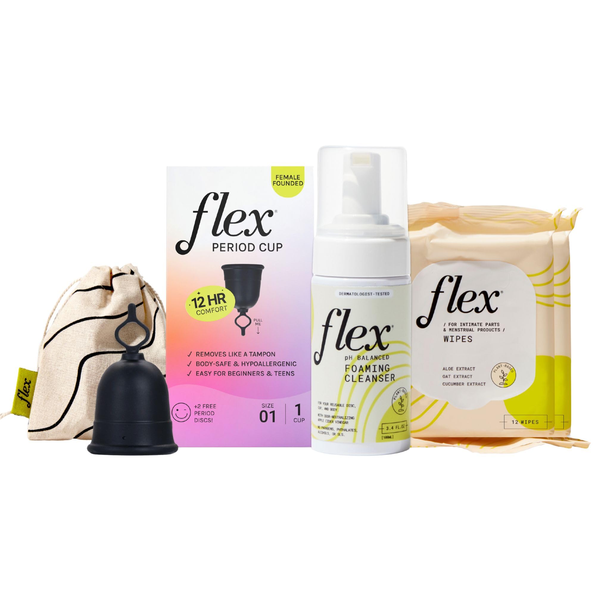Flex copa en su embalaje mostrando todo el kit y conveniencia