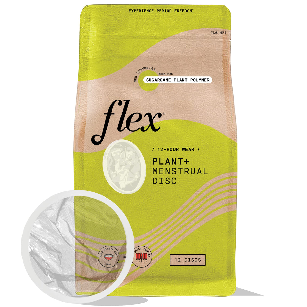 Flex Plant+ Disc frente del empaque mostrando pack de 12 y beneficio ecológico