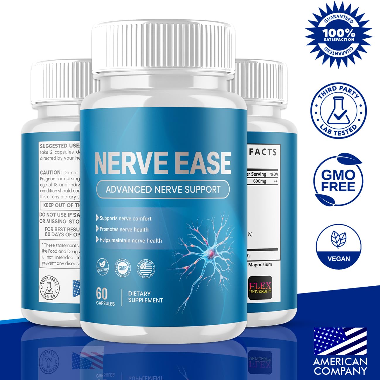 Etiqueta de Nerve Ease de Flex University con ingredientes destacados y calidad