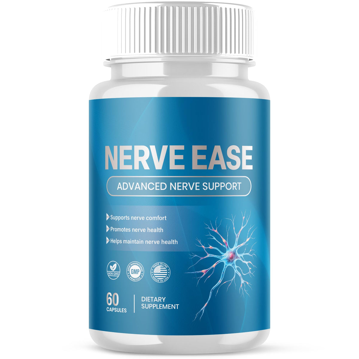 Flex University frasco delantero de Nerve Ease mostrando la etiqueta y beneficio general