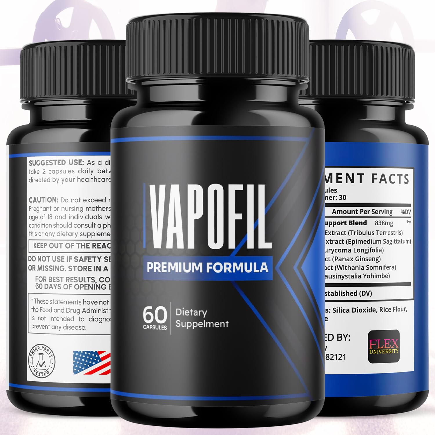 Flex University Vapofil cápsulas de cerca que muestran tamaño y acabado para fácil ingestión