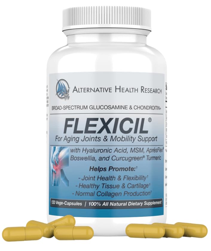 Alternative Health Research Flexicil frasco frente mostrando etiqueta y beneficio de soporte articular