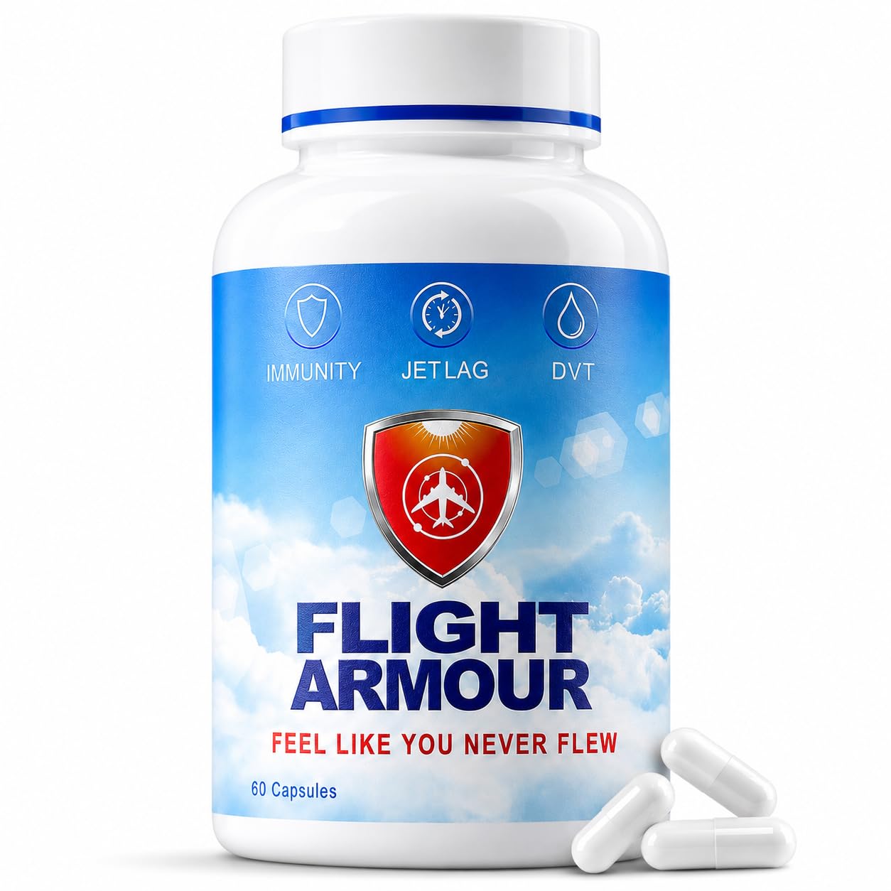 Flight Armour envase frontal mostrando etiqueta y beneficio viajero