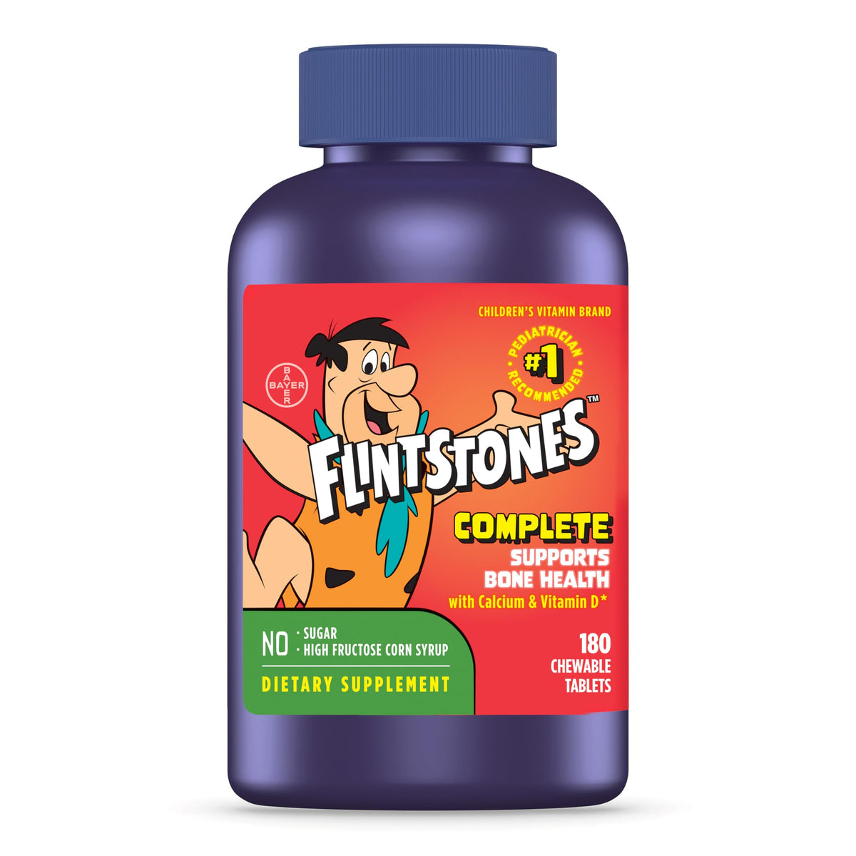 Flintstones frente del empaque mostrando frasco y 180 tabletas, conveniencia diaria