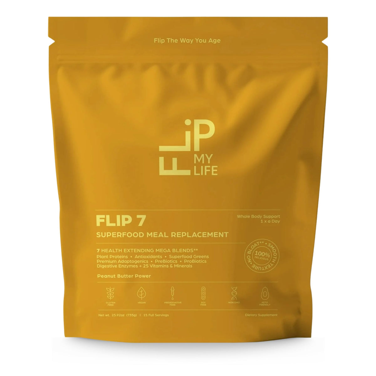 Flip My Life envase frontal Peanut Butter mostrando etiqueta clara y beneficios