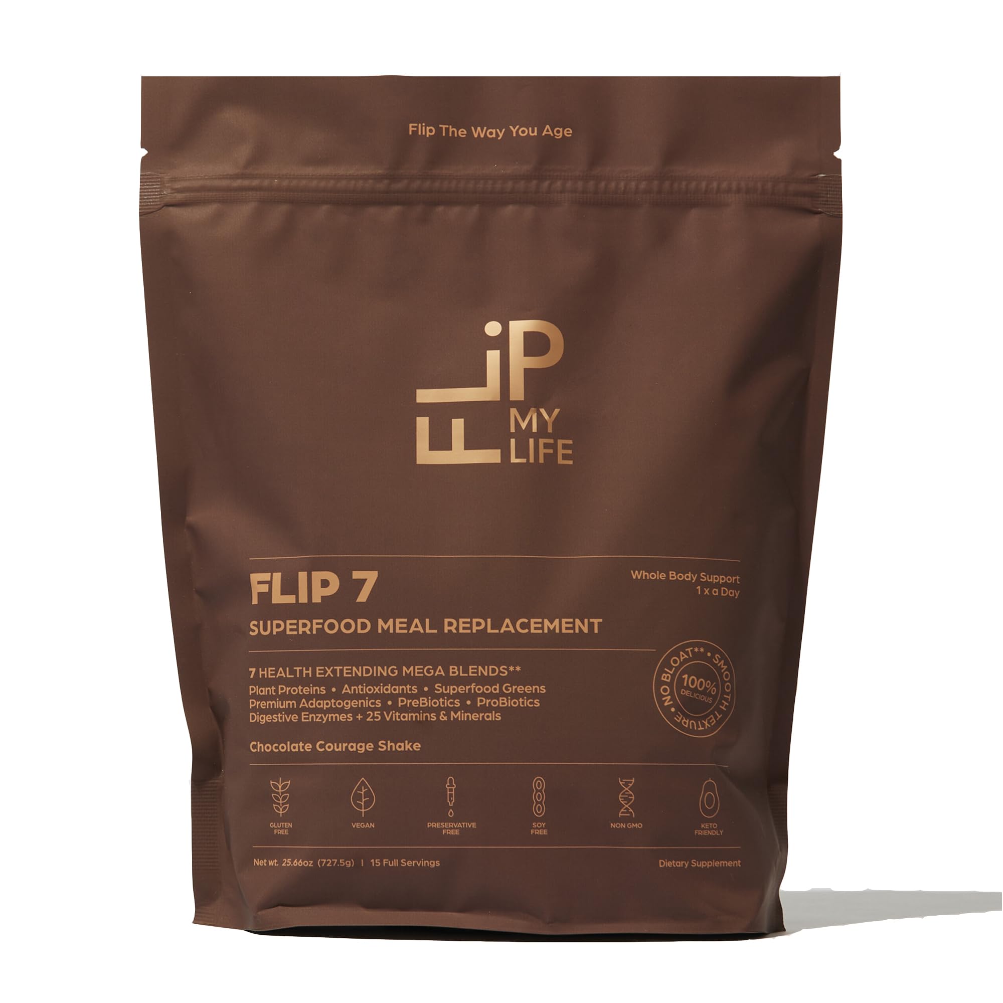 Flip My Life frasco delantero chocolate con etiqueta clara y beneficios visibles