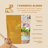 Flip My Life apertura de etiqueta con las siete mezclas nutritivas destacadas