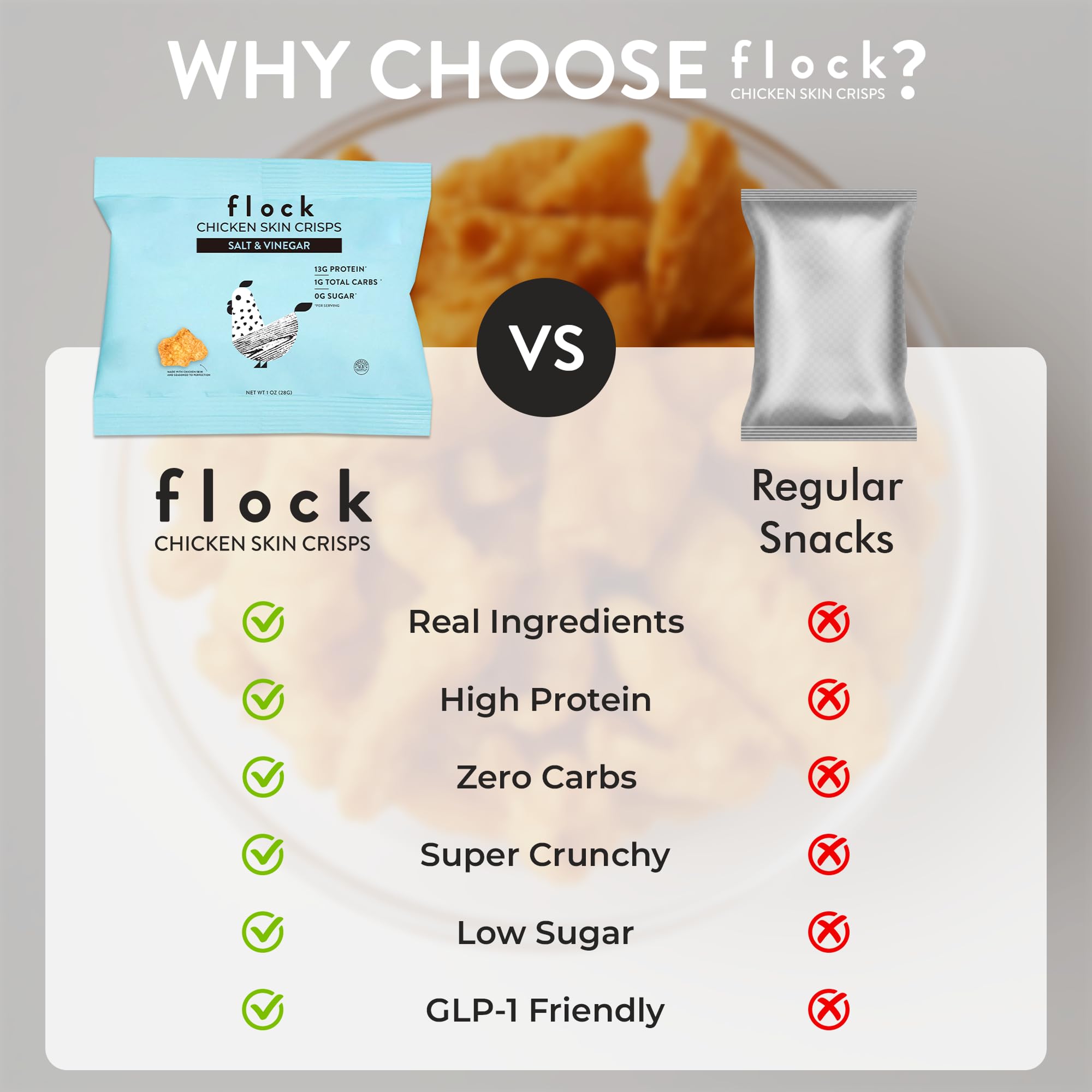 Flock chips junto a un bolígrafo para comparar tamaño porción