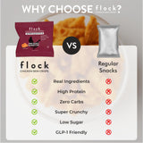 Flock comparación de tamaño de porción 1 oz con mano para visualizar control de raciones