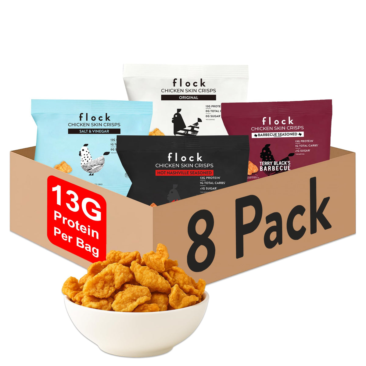 Flock empaque frontal del pack variedad mostrando los cuatro sabores y conveniencia