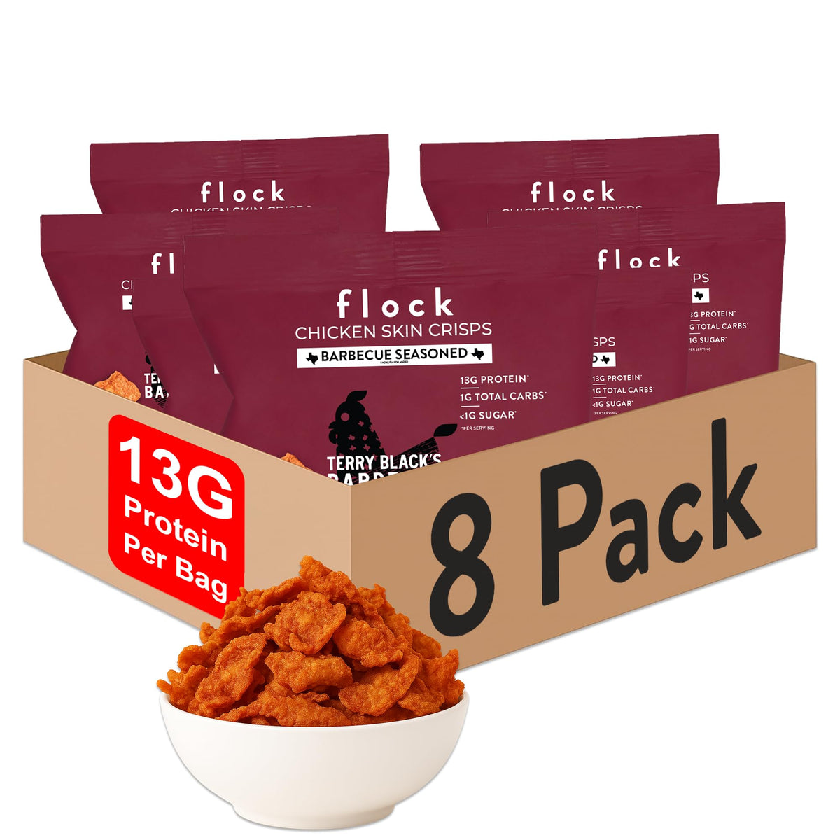 Flock Terry Black's BBQ empaque frontal mostrando 8 paquetes individuales y beneficio portable
